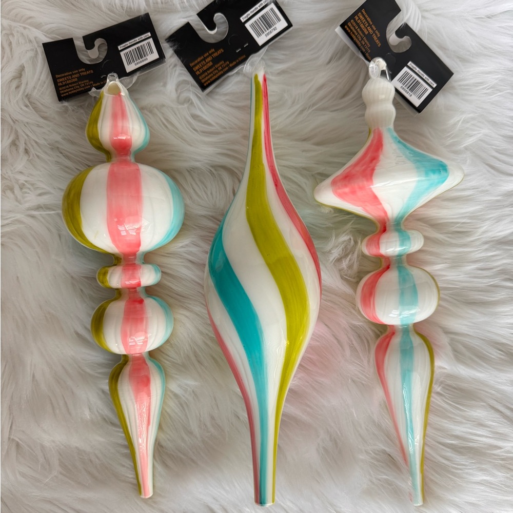 BUNDLE (2 sets of 3) Robert Stanley Glass Ornament pink green blue white